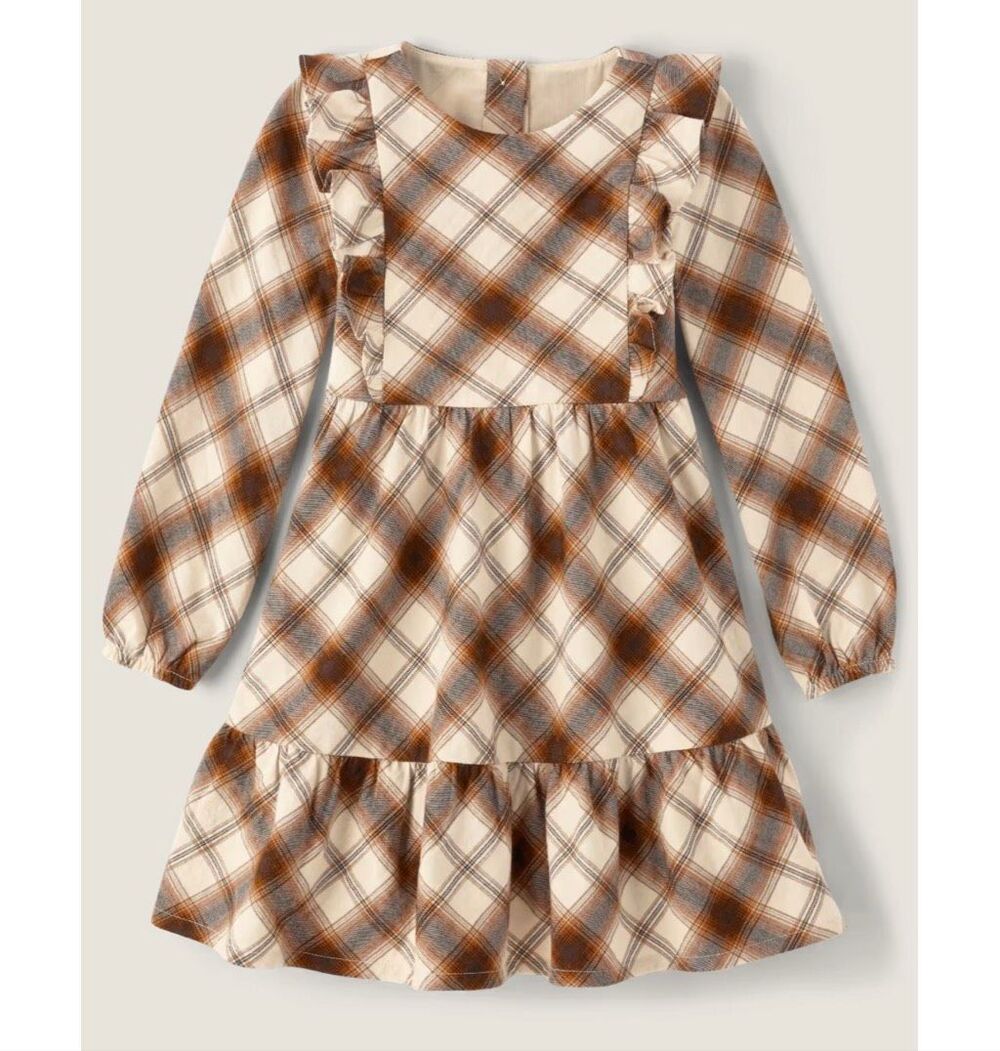 Gymboree Girls Plaid Tiered Dress - Autumn Adventures - Tan cotton flannel sz 7